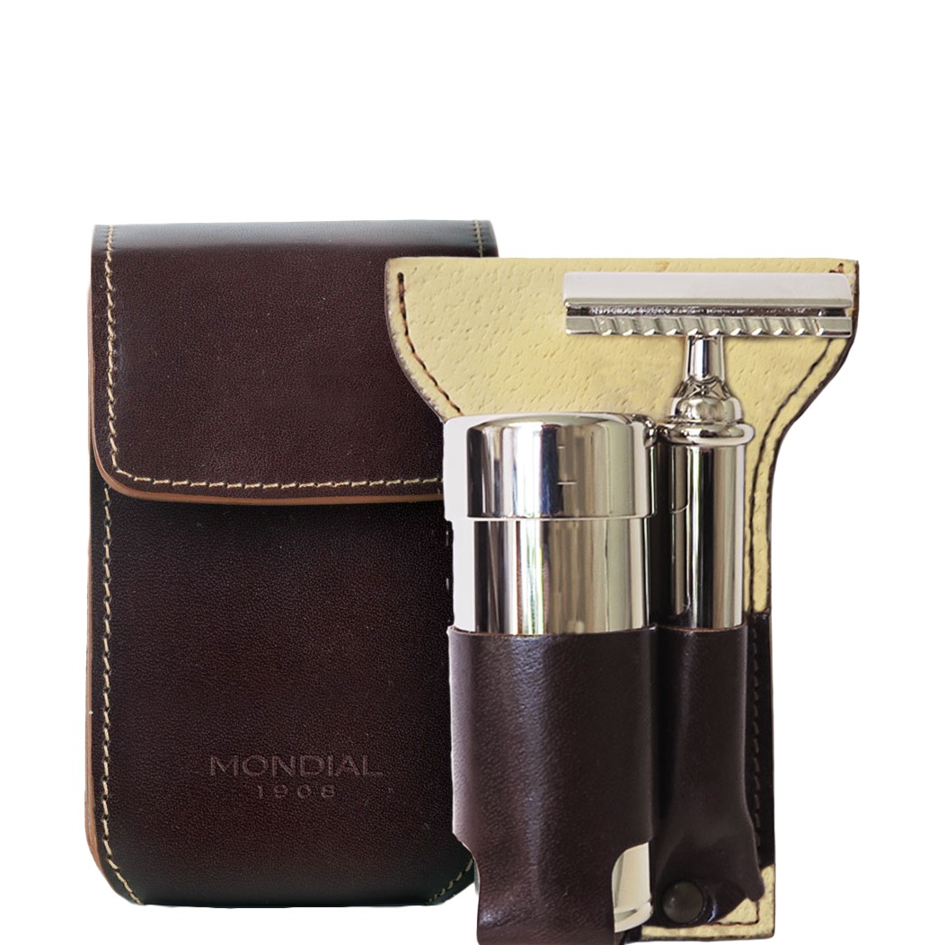 Mondial 1908 Scheerset Travel  Safety Razor Silvertip Fibre Bruin leder - 1.1 - SV-1205-TM-SAF