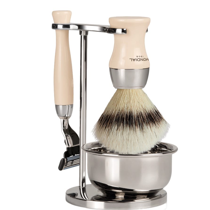 Scheerset & Bowl Heritage Mach3 - Silvertip Fibre - Ivoor