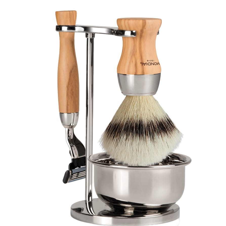 Scheerset & Bowl Heritage Mach3 - Silvertip Fibre - Olijfhout